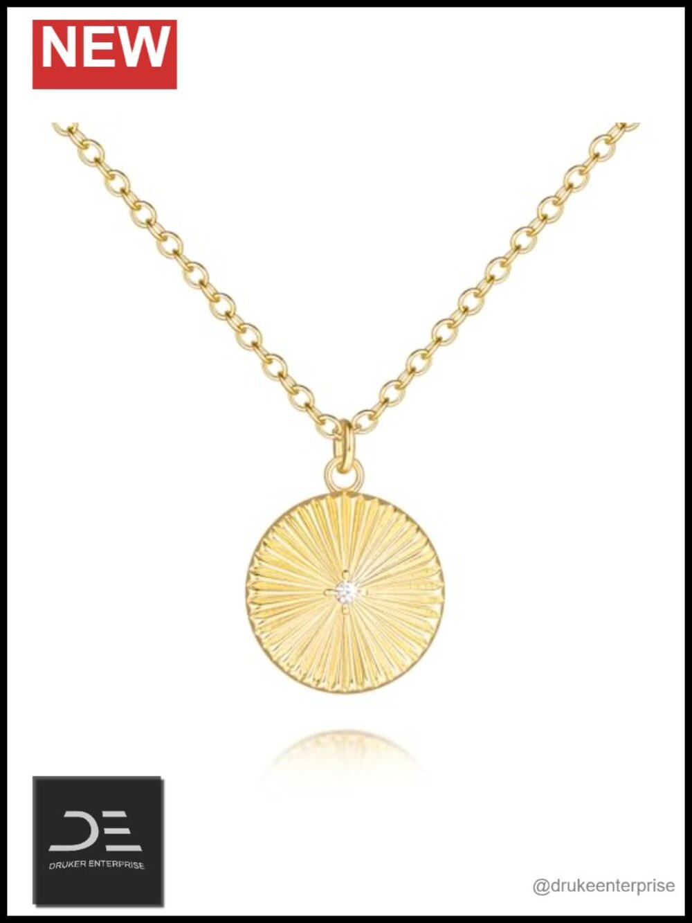 14K Gold Plated Round Disc Pendant Necklace with Cubic Zirconia for Women